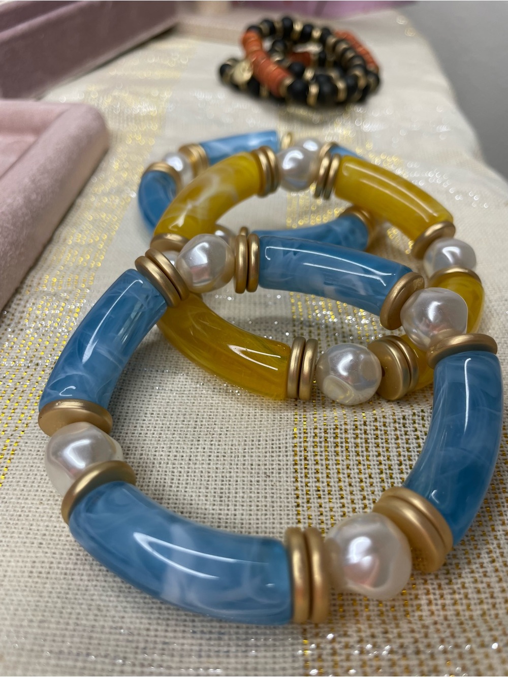 SET of 3 !!!! Blue and Yellow Beaded Stretch Bracelet Set with Pearl Accents